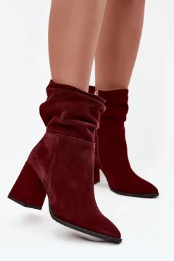 Hot Zazoo Botki Z Naturalnego Zamszu Ocieplane Na Słupku Z Marszczeniem 4216 Bordowe Czerwony