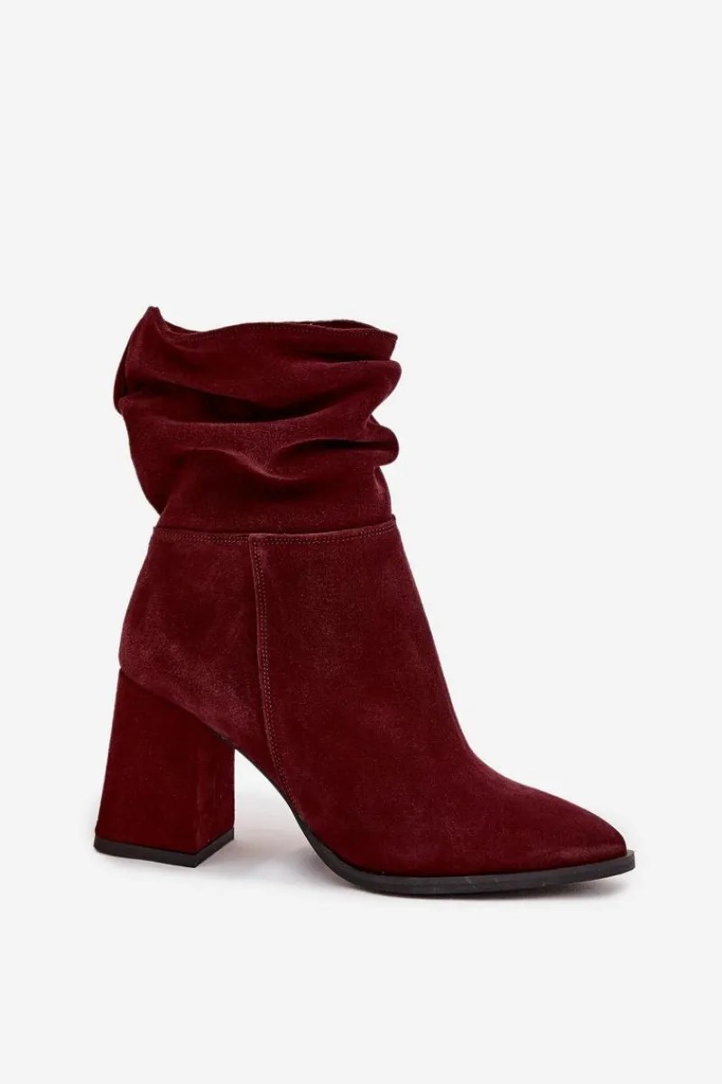 Hot Zazoo Botki Z Naturalnego Zamszu Ocieplane Na Słupku Z Marszczeniem 4216 Bordowe Czerwony