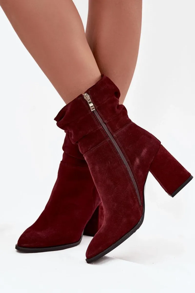Hot Zazoo Botki Z Naturalnego Zamszu Ocieplane Na Słupku Z Marszczeniem 4216 Bordowe Czerwony