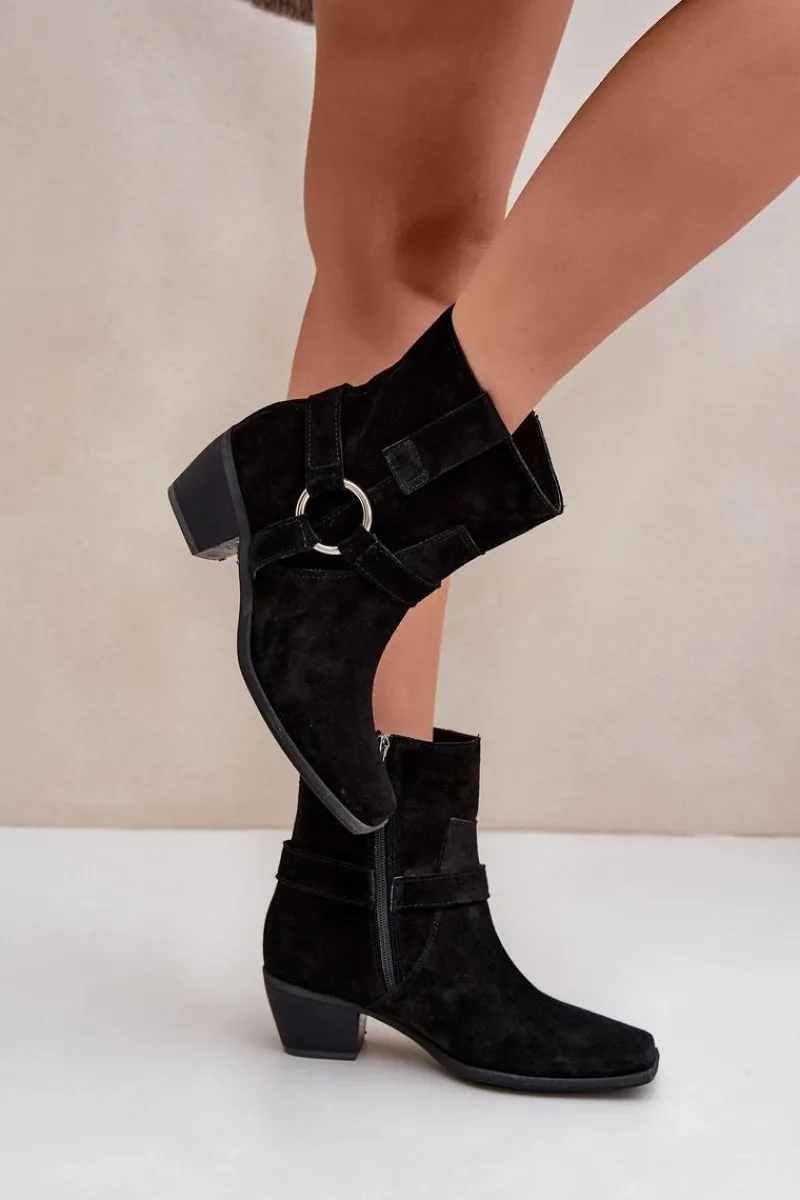 Zazoo Botki Z Naturalnego Zamszu Na Obcasie 3444/2 Czarne Czarny