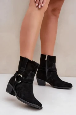 Zazoo Botki Z Naturalnego Zamszu Na Obcasie 3444/2 Czarne Czarny