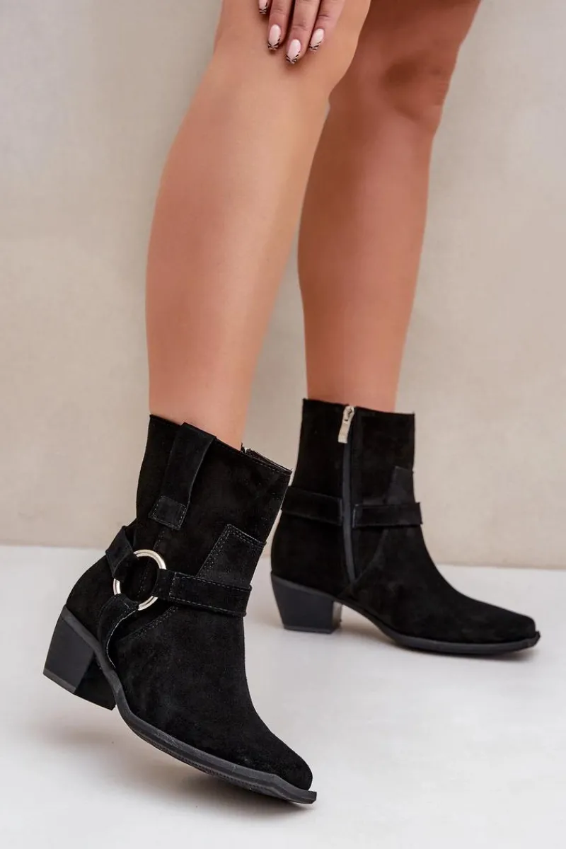 Zazoo Botki Z Naturalnego Zamszu Na Obcasie 3444/2 Czarne Czarny