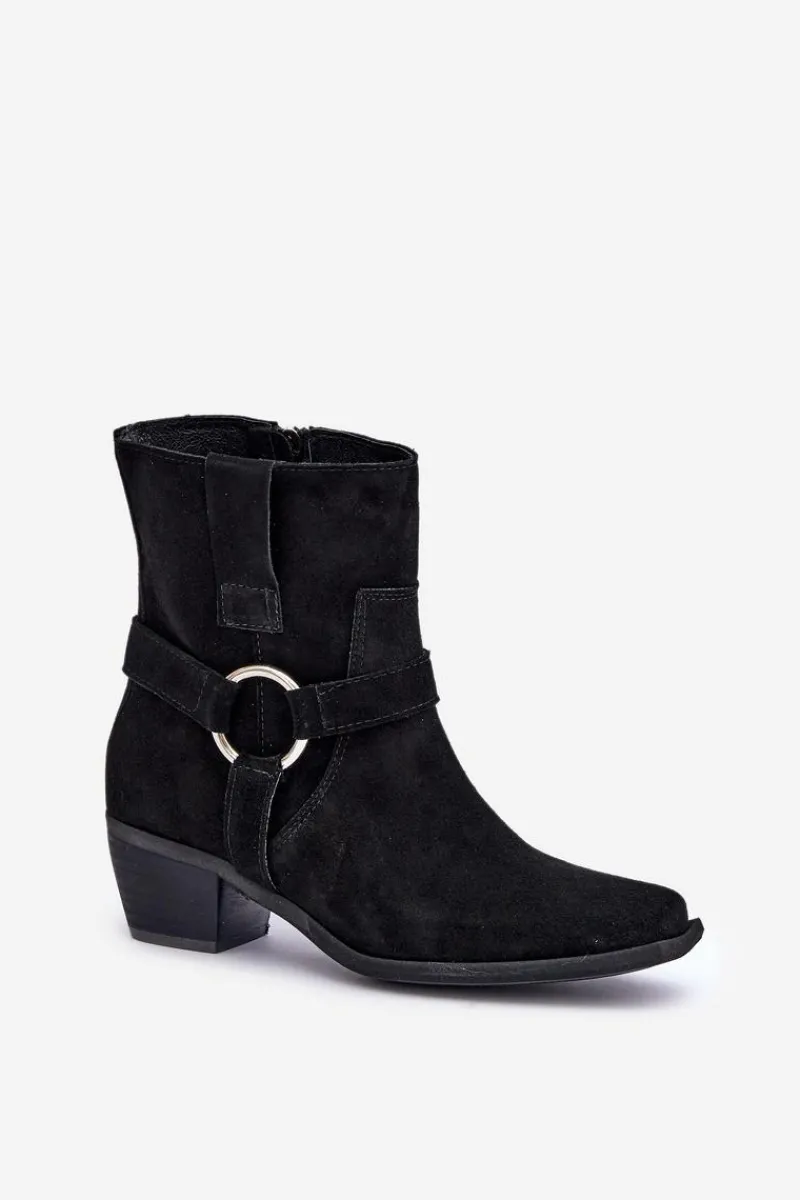 Zazoo Botki Z Naturalnego Zamszu Na Obcasie 3444/2 Czarne Czarny