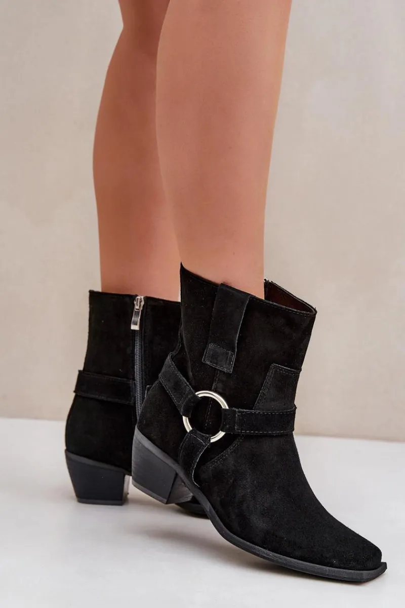 Zazoo Botki Z Naturalnego Zamszu Na Obcasie 3444/2 Czarne Czarny