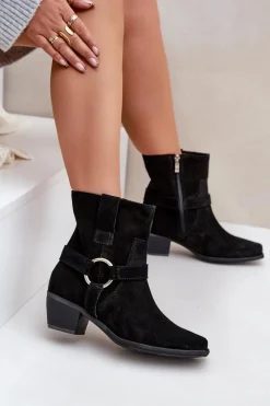 Zazoo Botki Z Naturalnego Zamszu Na Obcasie 3444/2 Czarne Czarny