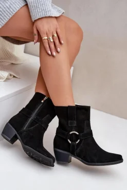 Zazoo Botki Z Naturalnego Zamszu Na Obcasie 3444/2 Czarne Czarny