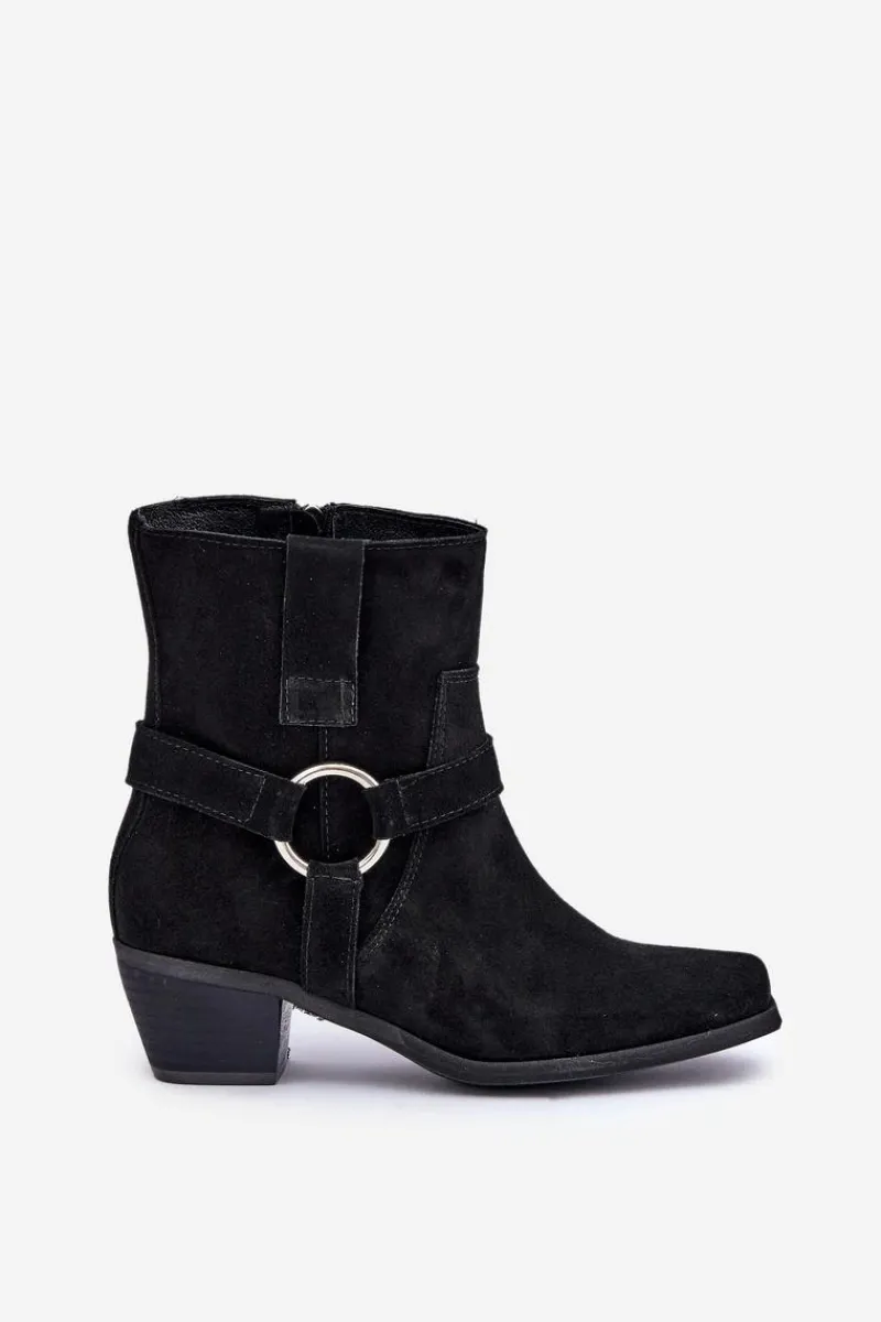 Zazoo Botki Z Naturalnego Zamszu Na Obcasie 3444/2 Czarne Czarny