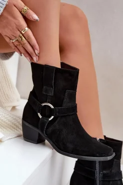 Zazoo Botki Z Naturalnego Zamszu Na Obcasie 3444/2 Czarne Czarny