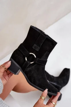 Zazoo Botki Z Naturalnego Zamszu Na Obcasie 3444/2 Czarne Czarny