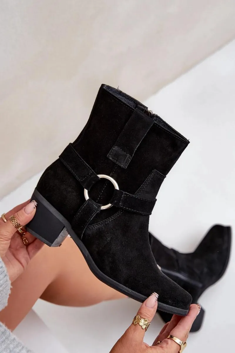 Zazoo Botki Z Naturalnego Zamszu Na Obcasie 3444/2 Czarne Czarny