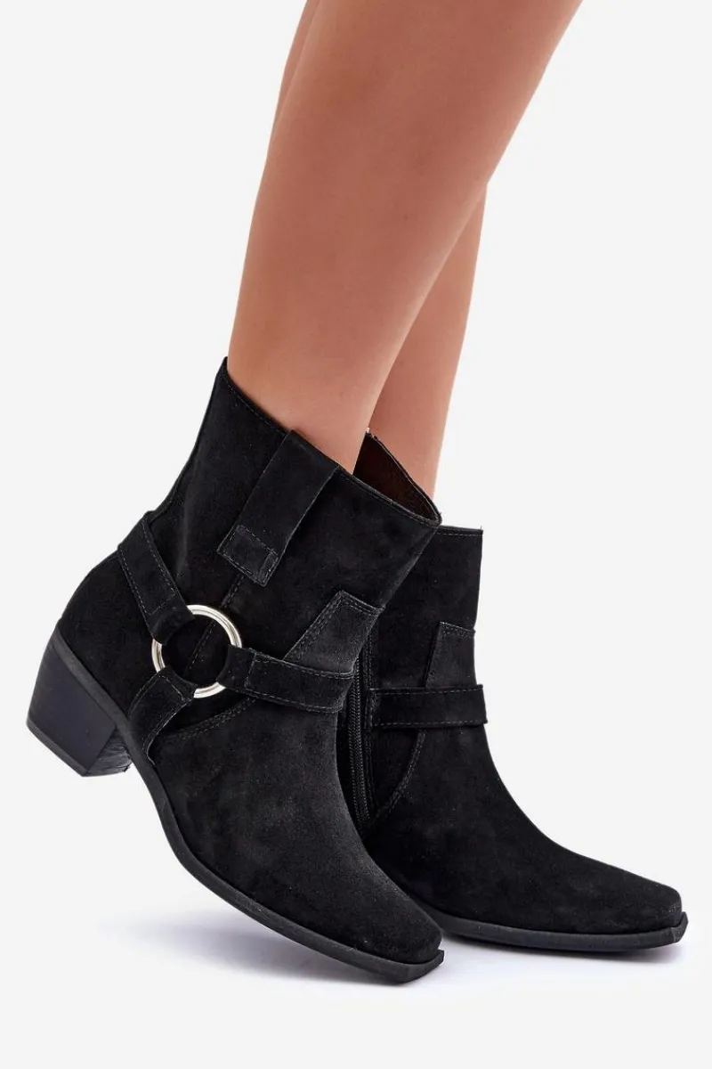 Zazoo Botki Z Naturalnego Zamszu Na Obcasie 3444/2 Czarne Czarny
