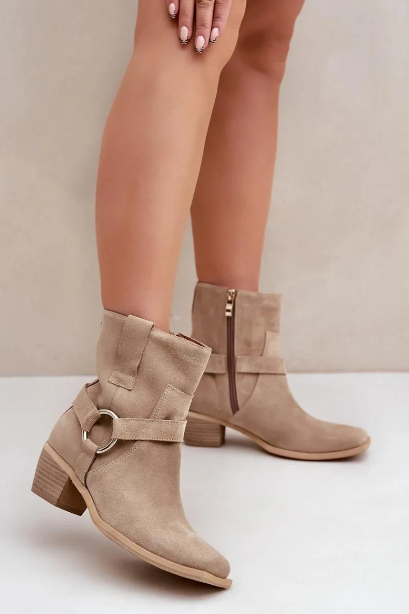 Online Botki Z Naturalnego Zamszu Na Obcasie 3444/2 Jasnobeżowe Damskie Botki Na Słupku|Brązowe I Beżowe Botki