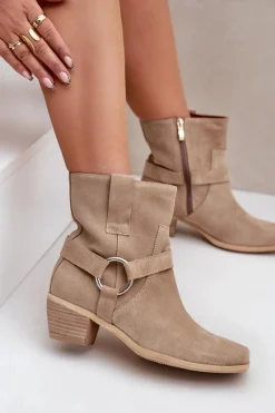 Online Botki Z Naturalnego Zamszu Na Obcasie 3444/2 Jasnobeżowe Damskie Botki Na Słupku|Brązowe I Beżowe Botki