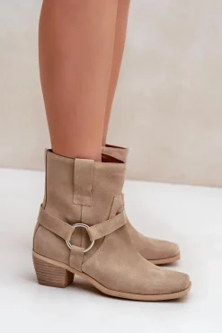 Online Botki Z Naturalnego Zamszu Na Obcasie 3444/2 Jasnobeżowe Damskie Botki Na Słupku|Brązowe I Beżowe Botki