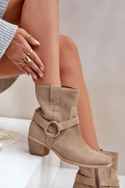 Online Botki Z Naturalnego Zamszu Na Obcasie 3444/2 Jasnobeżowe Damskie Botki Na Słupku|Brązowe I Beżowe Botki