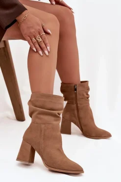 Botki Ocieplane|Botki Skórzane>Zazoo Botki Z Naturalnego Zamszu Ocieplane Na Słupku Z Marszczeniem 4216 Beżowe Beżowy