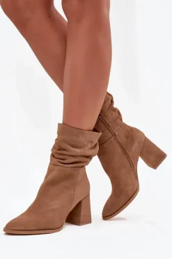 Botki Ocieplane|Botki Skórzane>Zazoo Botki Z Naturalnego Zamszu Ocieplane Na Słupku Z Marszczeniem 4216 Beżowe Beżowy