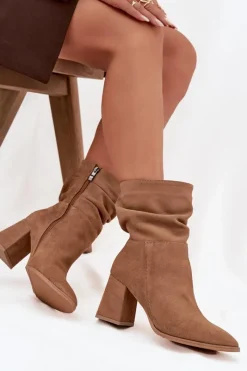 Botki Ocieplane|Botki Skórzane></noscript>Zazoo Botki Z Naturalnego Zamszu Ocieplane Na Słupku Z Marszczeniem 4216 Beżowe Beżowy