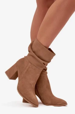 Botki Ocieplane|Botki Skórzane></noscript>Zazoo Botki Z Naturalnego Zamszu Ocieplane Na Słupku Z Marszczeniem 4216 Beżowe Beżowy