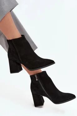 New Zazoo Botki Z Naturalnego Zamszu Obcas Słupek Ocieplane Czarne 3128 Czarny