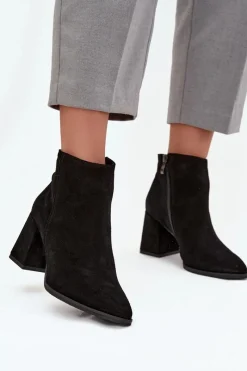 New Zazoo Botki Z Naturalnego Zamszu Obcas Słupek Ocieplane Czarne 3128 Czarny