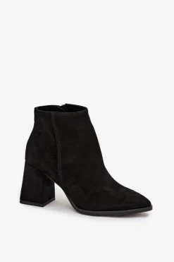 New Zazoo Botki Z Naturalnego Zamszu Obcas Słupek Ocieplane Czarne 3128 Czarny