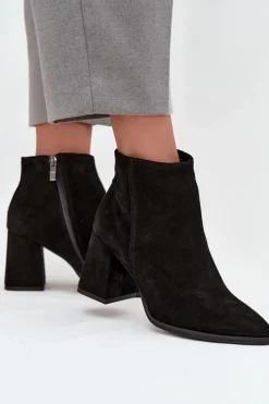 New Zazoo Botki Z Naturalnego Zamszu Obcas Słupek Ocieplane Czarne 3128 Czarny