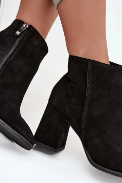 New Zazoo Botki Z Naturalnego Zamszu Obcas Słupek Ocieplane Czarne 3128 Czarny
