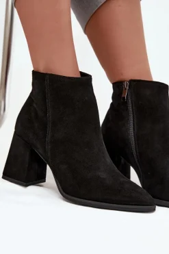 New Zazoo Botki Z Naturalnego Zamszu Obcas Słupek Ocieplane Czarne 3128 Czarny