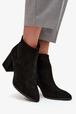 New Zazoo Botki Z Naturalnego Zamszu Obcas Słupek Ocieplane Czarne 3128 Czarny