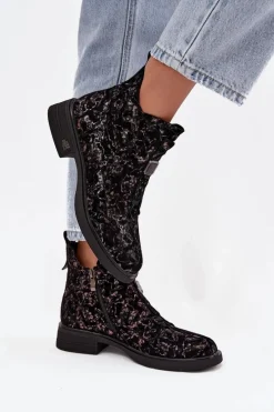 Hot Botki Z Naturalnego Zamszu Na Niskim Obcasie CR52-713 Czarno-Brązowe Damskie Czarne Botki|Botki Na Obcasie