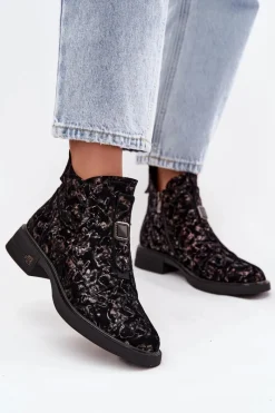 Hot Botki Z Naturalnego Zamszu Na Niskim Obcasie CR52-713 Czarno-Brązowe Damskie Czarne Botki|Botki Na Obcasie