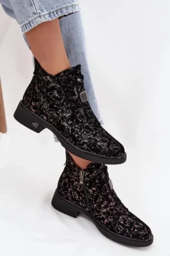 Hot Botki Z Naturalnego Zamszu Na Niskim Obcasie CR52-713 Czarno-Brązowe Damskie Czarne Botki|Botki Na Obcasie