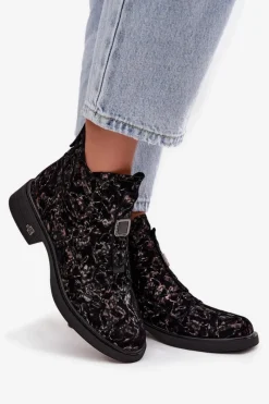 Hot Botki Z Naturalnego Zamszu Na Niskim Obcasie CR52-713 Czarno-Brązowe Damskie Czarne Botki|Botki Na Obcasie