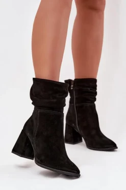 Clearance Botki Z Naturalnego Zamszu Ocieplane Na Słupku Z Marszczeniem 4216 Czarne Damskie Botki Ocieplane|Botki Skórzane