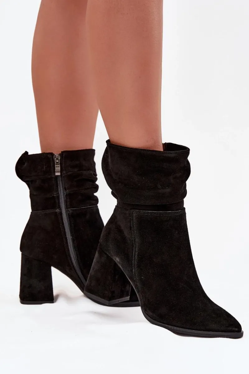 Clearance Botki Z Naturalnego Zamszu Ocieplane Na Słupku Z Marszczeniem 4216 Czarne Damskie Botki Ocieplane|Botki Skórzane