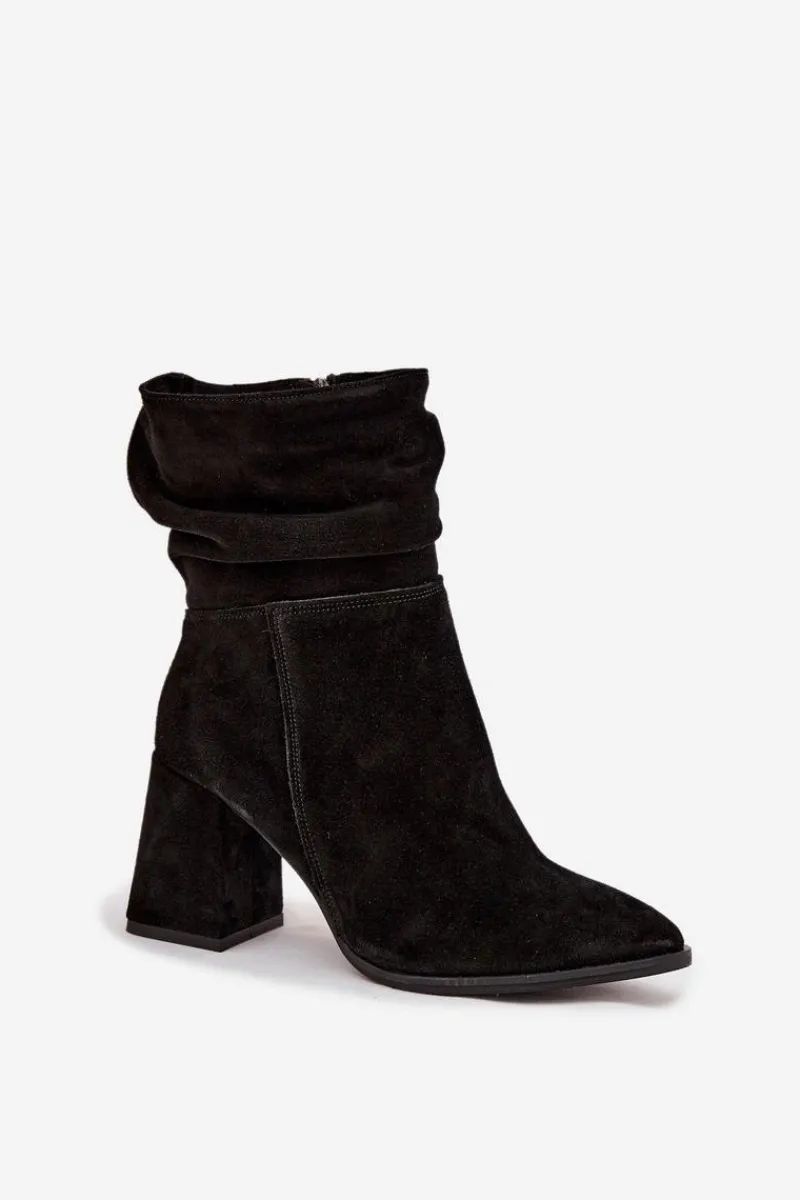 Clearance Botki Z Naturalnego Zamszu Ocieplane Na Słupku Z Marszczeniem 4216 Czarne Damskie Botki Ocieplane|Botki Skórzane