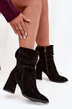 Clearance Botki Z Naturalnego Zamszu Ocieplane Na Słupku Z Marszczeniem 4216 Czarne Damskie Botki Ocieplane|Botki Skórzane