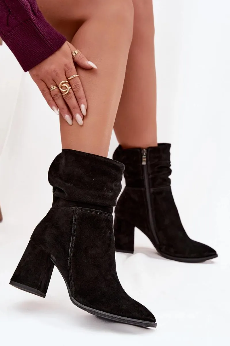 Clearance Botki Z Naturalnego Zamszu Ocieplane Na Słupku Z Marszczeniem 4216 Czarne Damskie Botki Ocieplane|Botki Skórzane