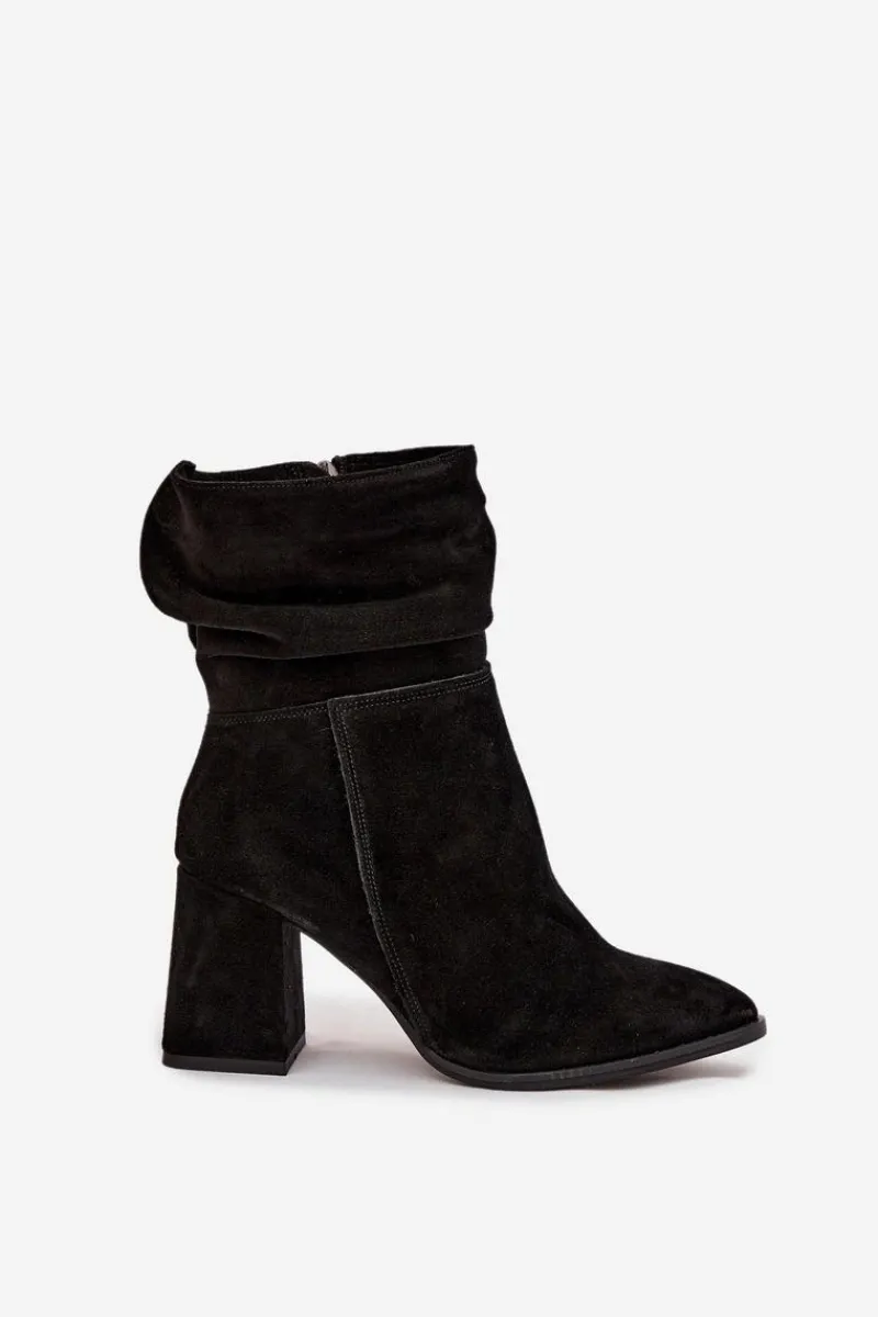 Clearance Botki Z Naturalnego Zamszu Ocieplane Na Słupku Z Marszczeniem 4216 Czarne Damskie Botki Ocieplane|Botki Skórzane