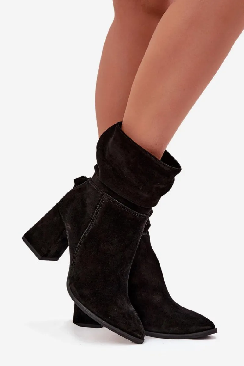 Clearance Botki Z Naturalnego Zamszu Ocieplane Na Słupku Z Marszczeniem 4216 Czarne Damskie Botki Ocieplane|Botki Skórzane