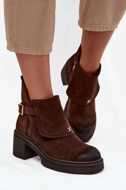 Clearance Botki Z Naturalnego Zamszu Ocieplane 1156 Czekoladowe Damskie Botki Skórzane|Botki Na Słupku