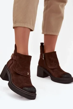 Clearance Botki Z Naturalnego Zamszu Ocieplane 1156 Czekoladowe Damskie Botki Skórzane|Botki Na Słupku