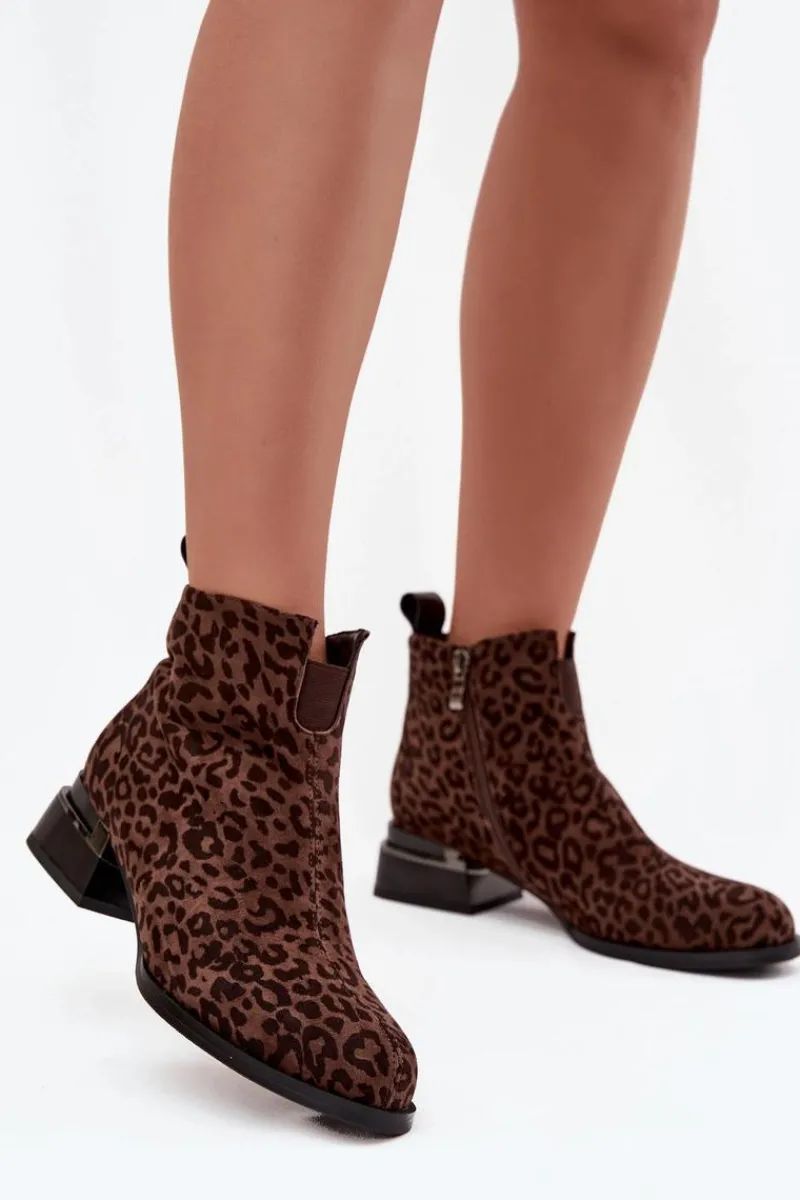 Hot Botki Z Naturalnego Zamszu Na Klocku Panterka JC52-852 Brązowe Damskie Botki Ocieplane|Botki Skórzane