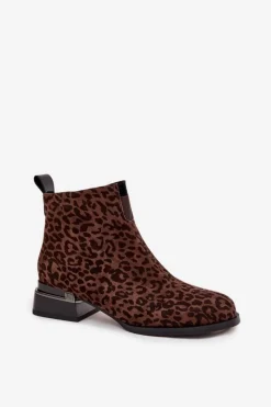 Hot Botki Z Naturalnego Zamszu Na Klocku Panterka JC52-852 Brązowe Damskie Botki Ocieplane|Botki Skórzane