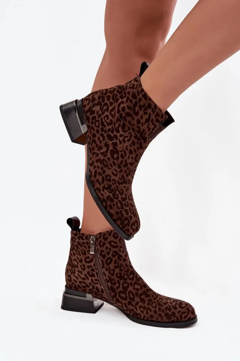 Hot Botki Z Naturalnego Zamszu Na Klocku Panterka JC52-852 Brązowe Damskie Botki Ocieplane|Botki Skórzane