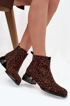 Hot Botki Z Naturalnego Zamszu Na Klocku Panterka JC52-852 Brązowe Damskie Botki Ocieplane|Botki Skórzane