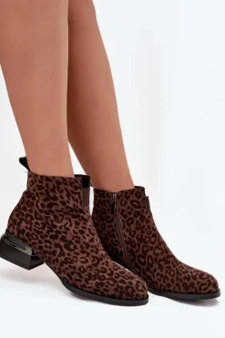 Hot Botki Z Naturalnego Zamszu Na Klocku Panterka JC52-852 Brązowe Damskie Botki Ocieplane|Botki Skórzane