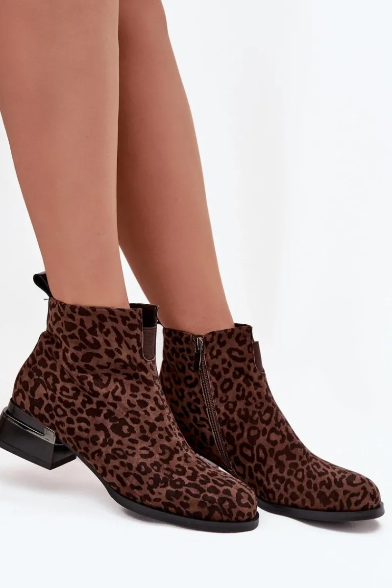 Hot Botki Z Naturalnego Zamszu Na Klocku Panterka JC52-852 Brązowe Damskie Botki Ocieplane|Botki Skórzane