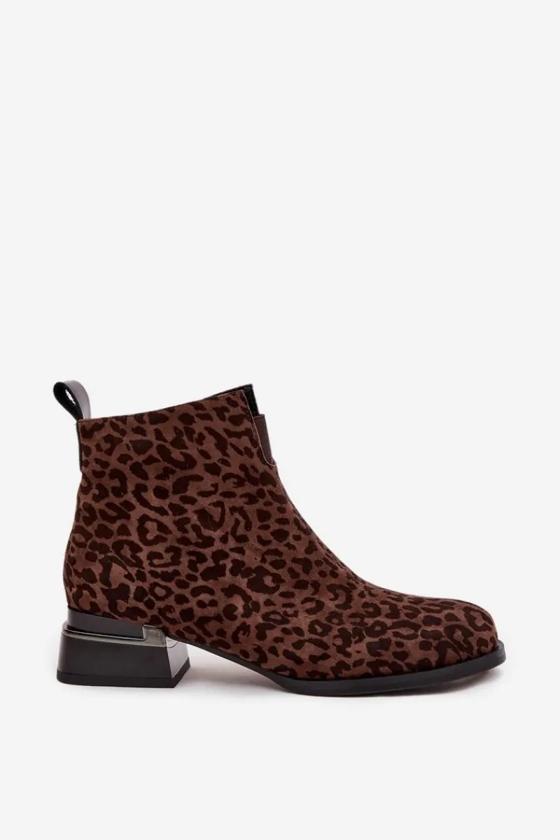 Hot Botki Z Naturalnego Zamszu Na Klocku Panterka JC52-852 Brązowe Damskie Botki Ocieplane|Botki Skórzane